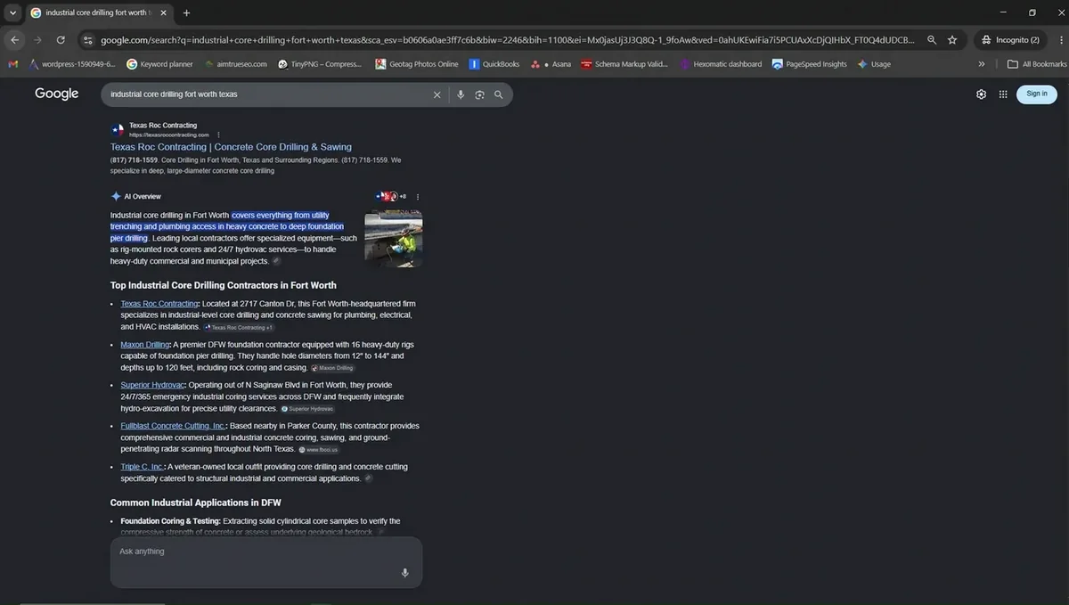 Google search results page featuring AI Overview citation recommending Texas ROC.
